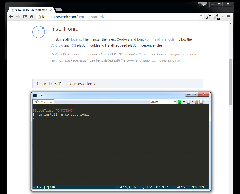 Ionic install and ionic getting started page on background