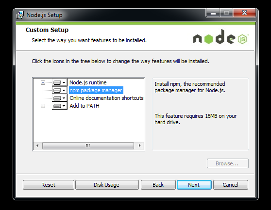 Nodejs setup screen